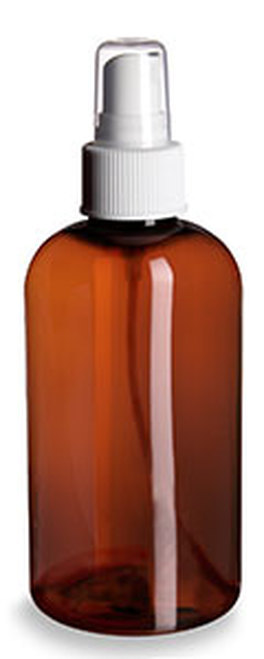 8oz Amber PET Boston Round Plastic Bottle w/ White Atomizer
